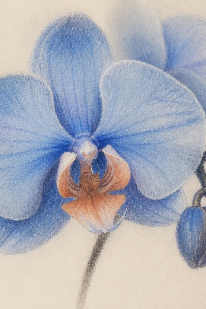A soft orchid drawing on smooth paper using dry pastels. Blue pastel sits in the petals with a darker blue in the creases, and a peach pastel highlights the throat.
