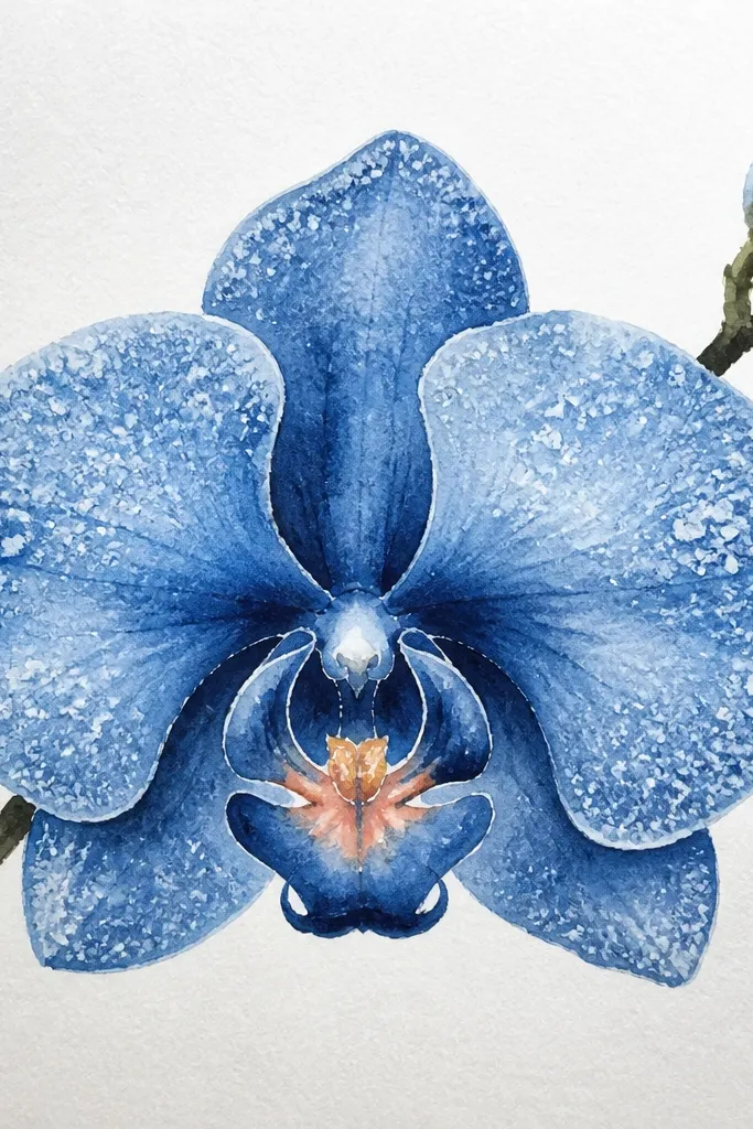 A watercolor orchid in prussian blue with tiny salt crystals creating speckled texture on the outer petals. The center has darker blue shading and a warm peach throat.