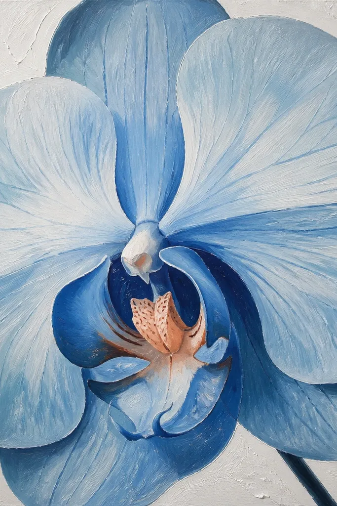A blue orchid painted over a gessoed surface, with slightly raised texture visible under the paint. The petals are layered in light and medium blue with crisp dark creases and a peach throat.