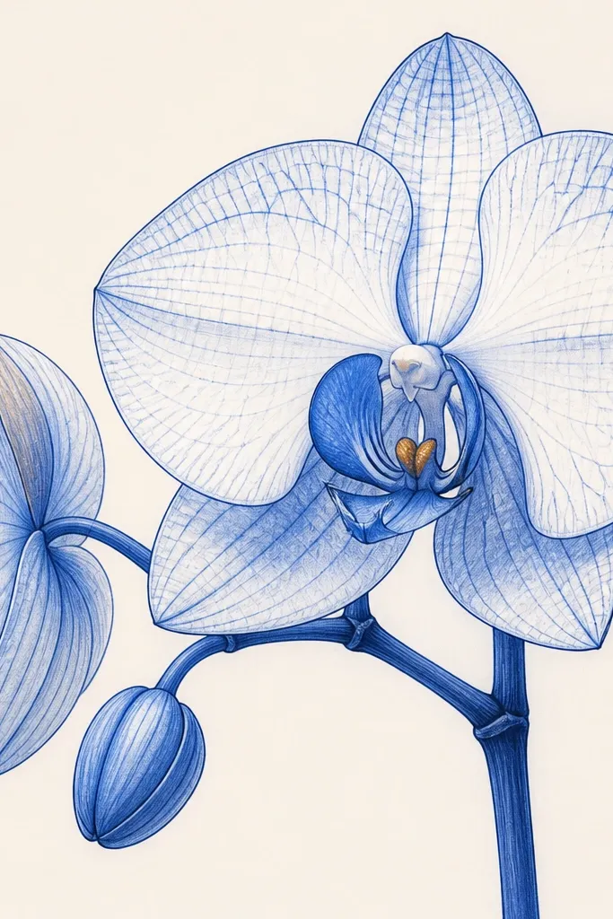 A blueprint-looking orchid with dark blue marker lines and soft gradients in lighter blue. The petals have clear crease definition and a small warm center dot.