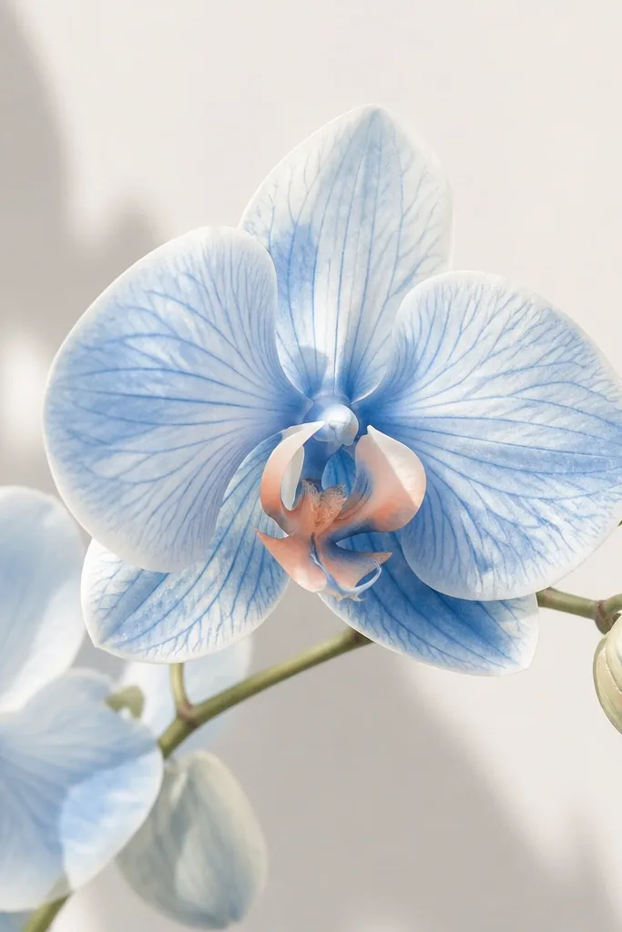 A watercolor wash orchid in light blue with fine blue pencil veins drawn on top. The inner folds have deeper blue, and the throat has a peach accent.