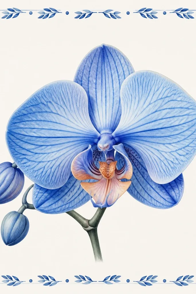 A blue orchid drawing centered inside a border made of repeating small blue leaf and dot patterns. The orchid has deeper blue creases and a peach throat.
