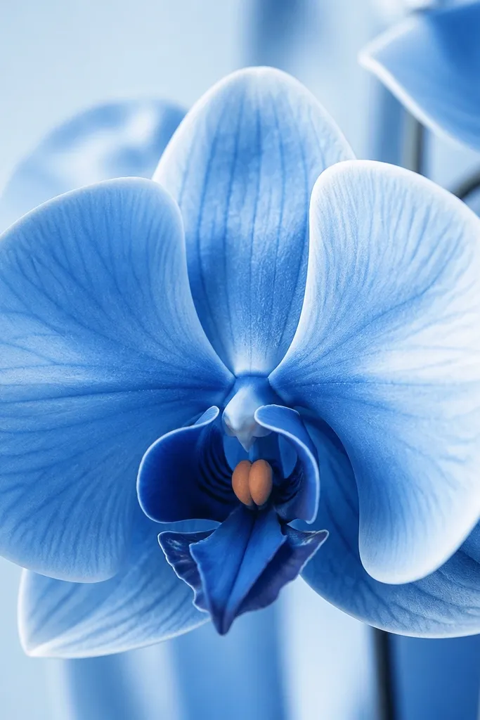 A mostly monochrome blue orchid in multiple blue tones, with a single bright peach throat dot. The outer petals are pale blue, inner folds are deep navy blue, and highlights are white.