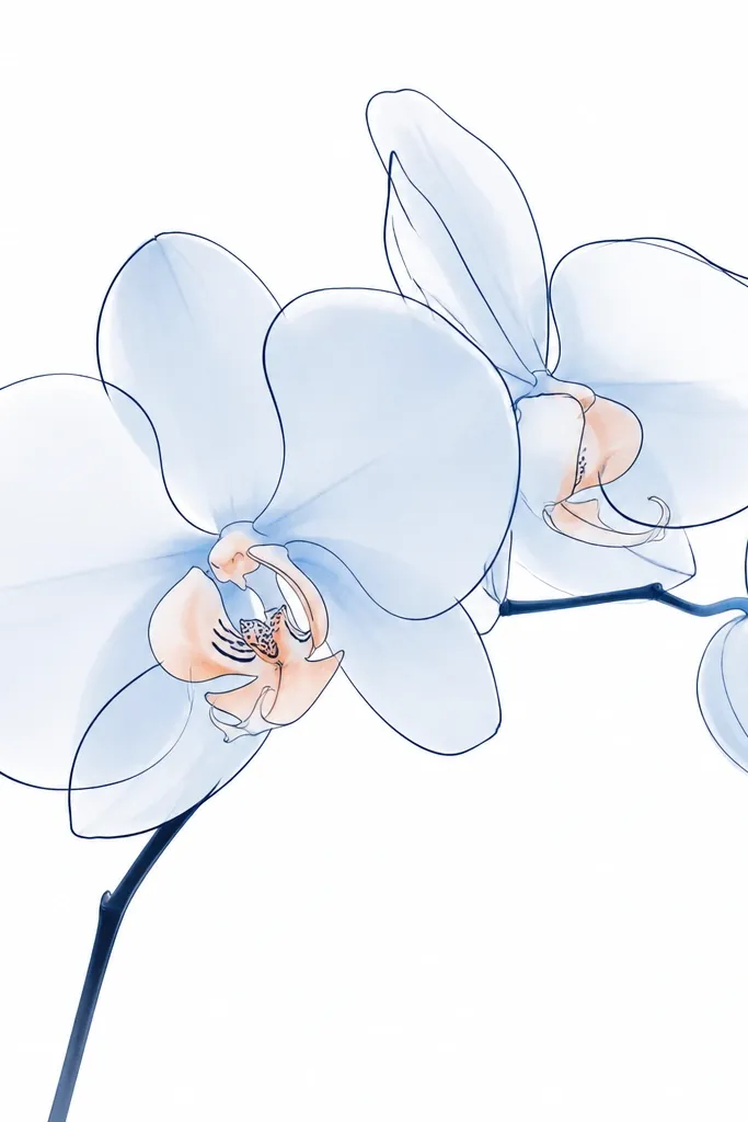 A minimalist orchid with only a few petal outlines in dark blue, large pale blue fills, and small peach accents. The background is clean white with lots of breathing space.