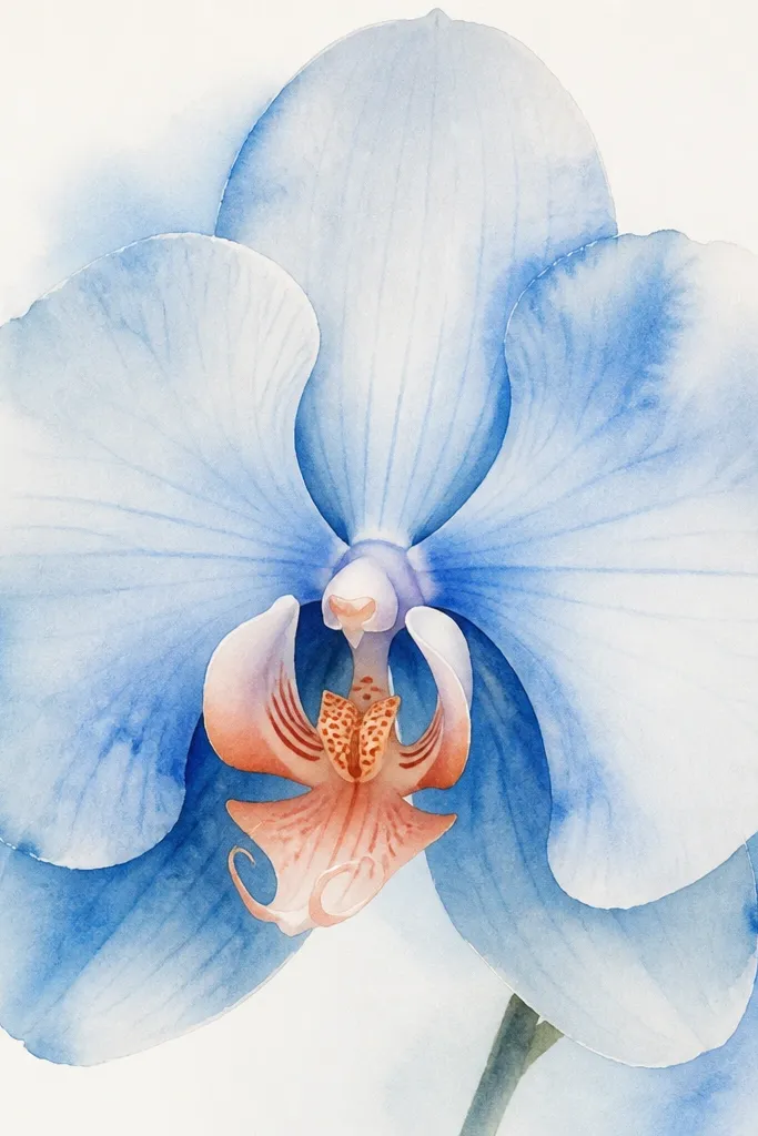 A watercolor orchid where some edges softly bleed into each other, but the center folds stay crisp. The palette is light blue and deeper blue with a peach throat.