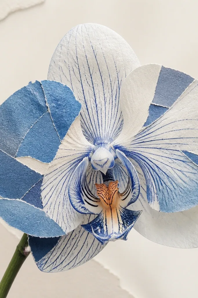 A mixed-media orchid where parts of the petals are made from torn blue paper scraps. The center has inked blue creases and a peach throat accent.