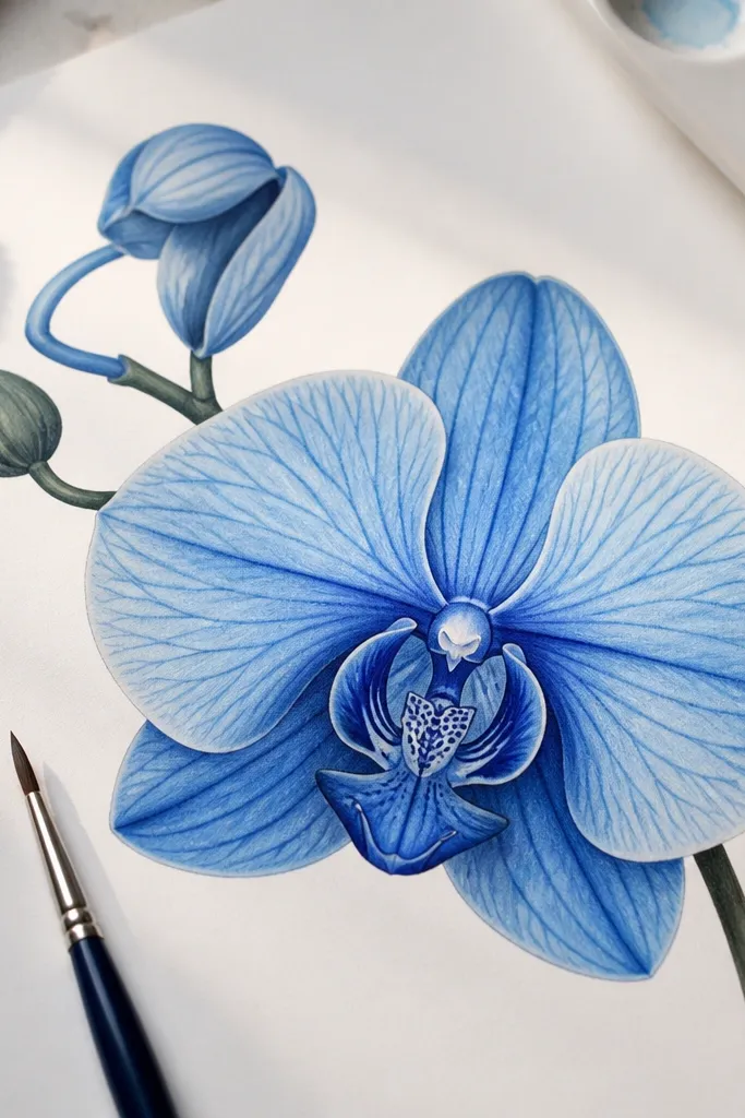 A blue orchid drawn using a stencil-like petal guide. The petals are shaded with light and medium blue, with darker creases traced cleanly.