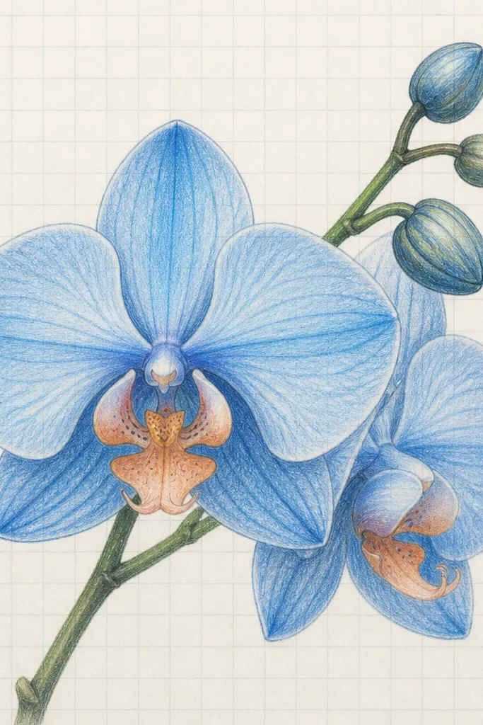 A blue orchid drawn on grid paper with consistent spacing. Petals have light blue fills, darker creases, and a peach throat. The grid lines are faintly visible in the background.