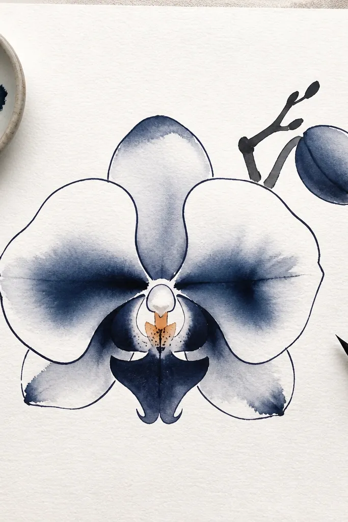 An orchid where deep indigo ink wash creates soft shadows. A brush pen adds crisp, tapered lines for the petal edges, and a peach throat dot anchors the center.