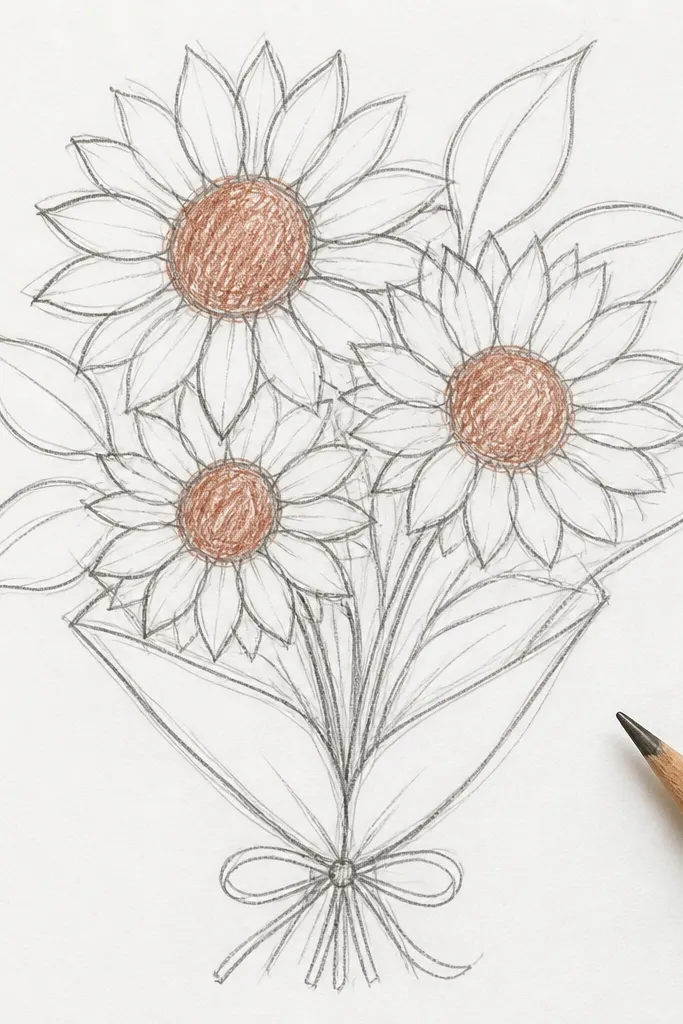 Pencil sunflower bouquet with warm burnt sienna shaded centers and light petal highlights