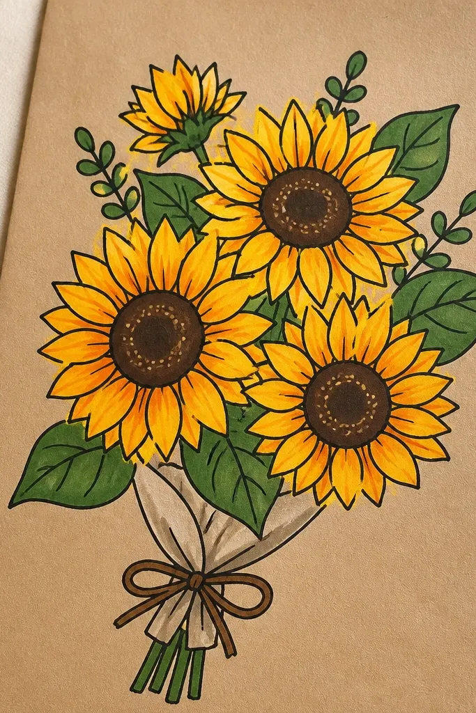 Sunflowers drawn in bold marker on brown kraft paper with bright yellow petals and dark seed dots