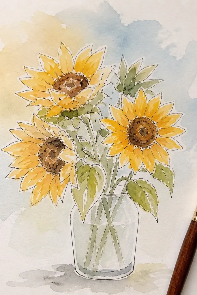 Sunflower bouquet with paint pen petals and a soft watercolor wash behind them