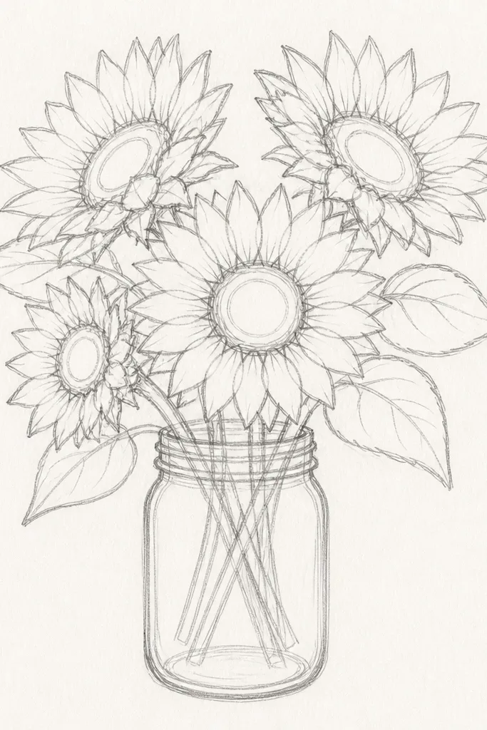 Sunflowers drawn inside a mason jar outline with simple linework and dark seed centers