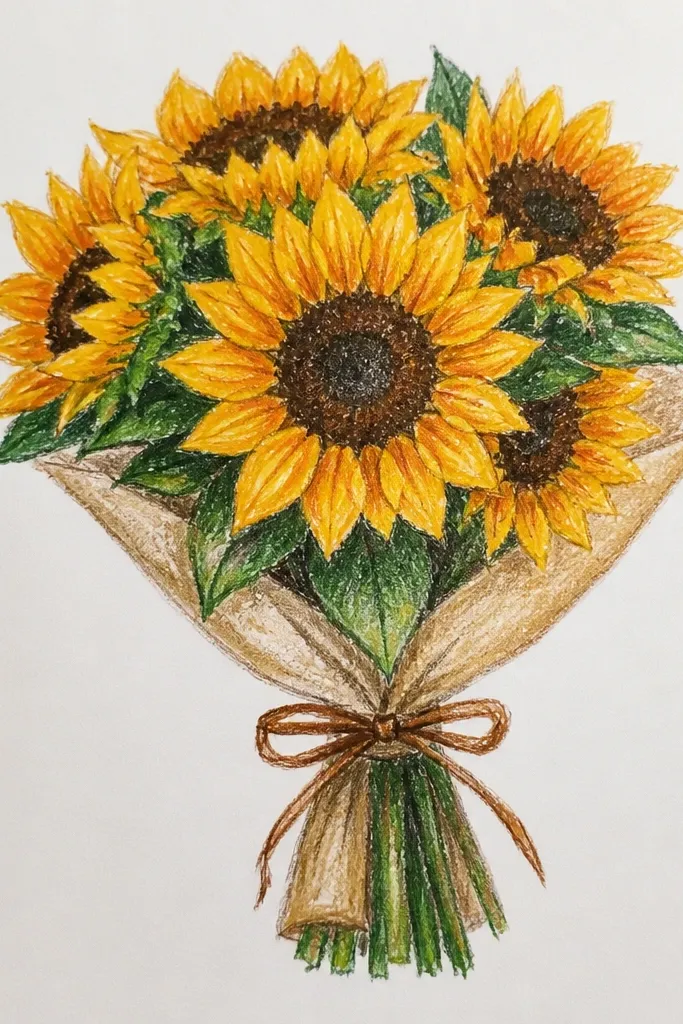 Three overlapping sunflower heads with layered petals and a tight clustered stem bundle