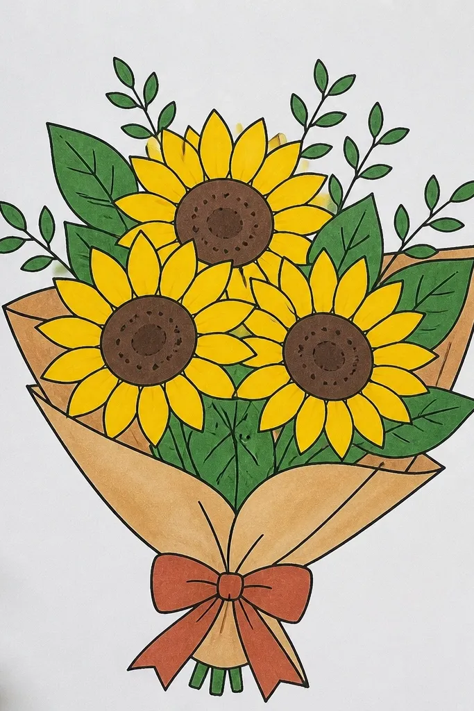 Sunflowers with bold color blocks and pencil shading, giving a layered cut-paper look