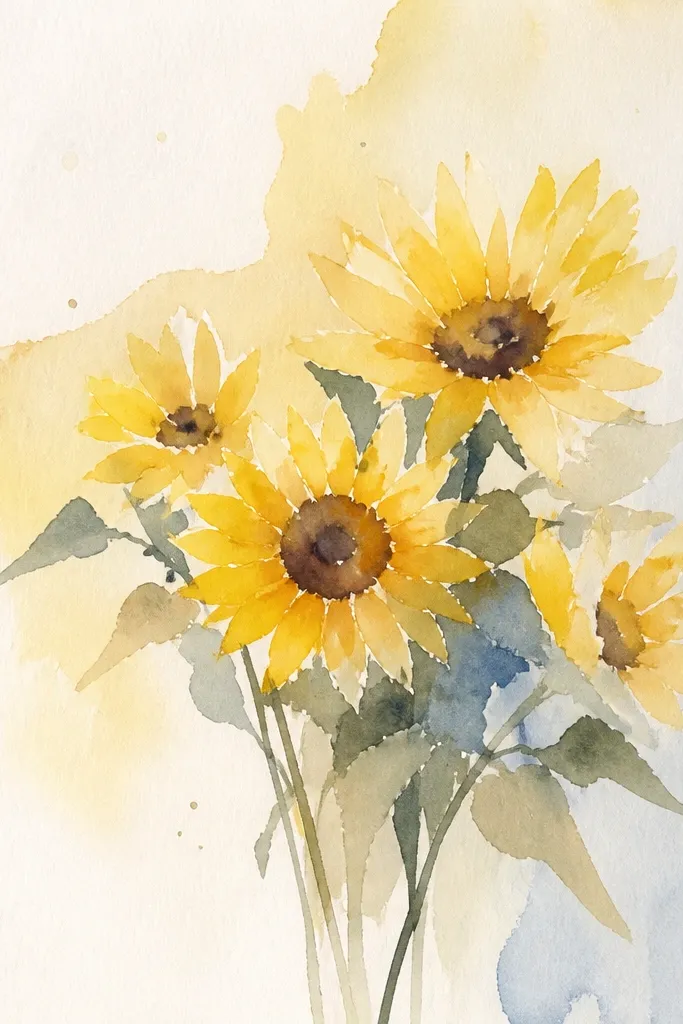 Simple black line sunflowers with one light yellow wash on petals and dark seed centers