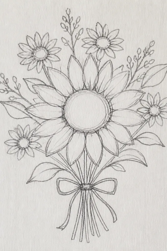 Large sunflower center with detailed seeds and small supporting sunflower heads around it