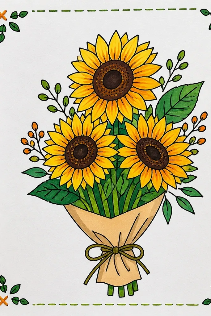 Sunflower bouquet drawing with a decorative stitched border around the flowers