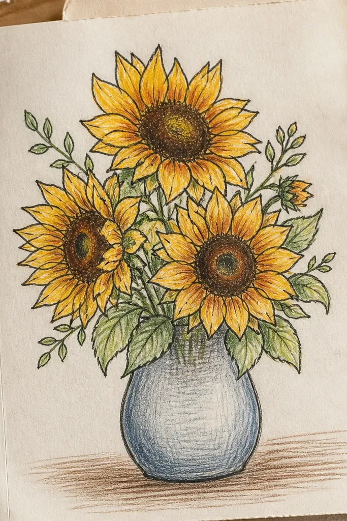 Sunflowers drawn on a text page background with bold ink outlines and muted color fills