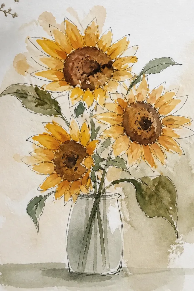Loose watercolor sunflower bouquet with textured dry brush green leaves and detailed dark centers