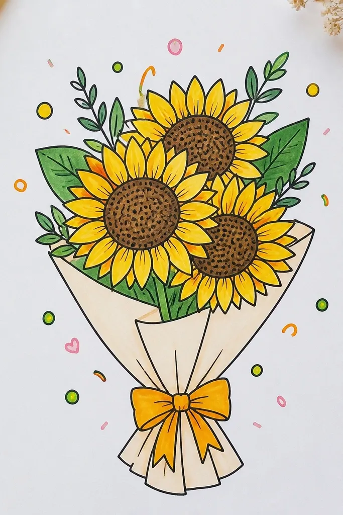 Sunflower bouquet with doodle confetti dots and tiny swirls around the flowers
