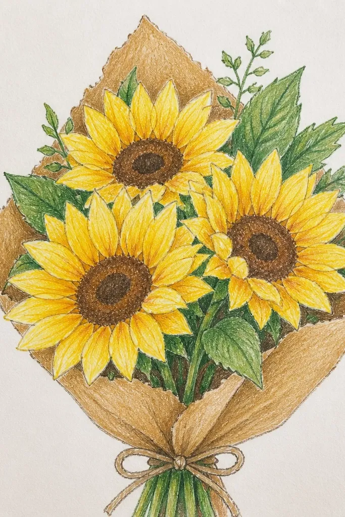 Torn-edge sunflower petals around a bouquet sketch on rag paper
