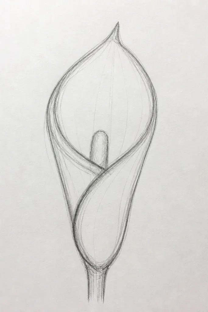 A single calla lily centered on white paper. The spathe is drawn as a tall folded bean shape with a sharp pinch crease on the left side. The spadix sits inside as a thin curved spike, shaded lightly under the fold. A slender stem line runs down to a small leaf nub at the bottom.