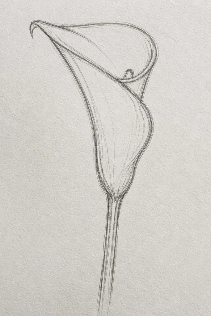 A calla lily drawn from the side. The spathe is a curved ribbon shape with the fold facing the viewer's right. The spadix is tucked slightly behind the fold, shown with a narrower highlight line. The stem curves in an S shape with one leaf pointing upward.