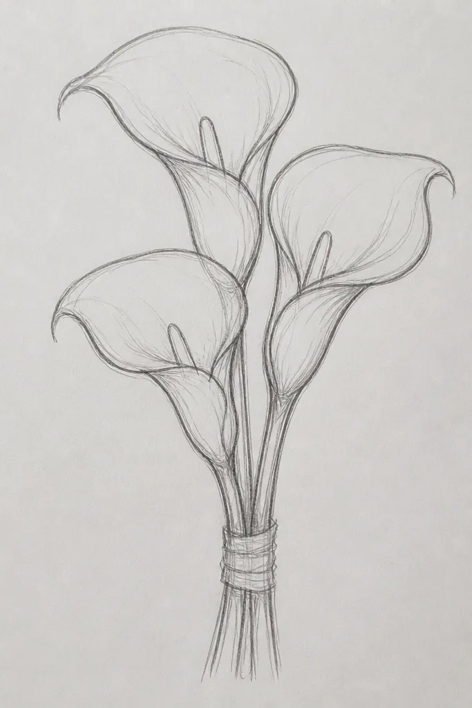 Three calla lilies clustered together. The spathes overlap slightly, with one flower front-facing and two angled outward. The spadix spikes vary in height. Stems bundle into a single thick stem at the bottom, and a few leaf tips fan out behind the flowers.