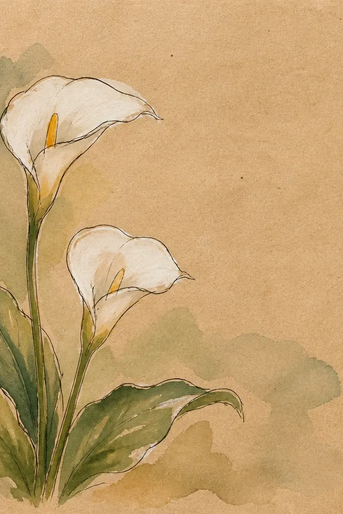 A calla lily drawn in the top right corner. The spathe is pale with light pencil shading, and the stem curves down along the page edge. A thin border line traces the top and right edges, with tiny leaf marks filling the corner.