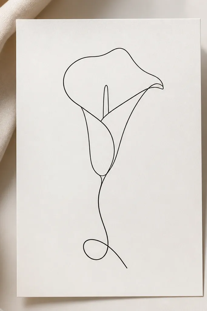 A single calla lily drawn with one continuous line in black ink. The spathe fold looks like a smooth crease, the spadix is a thin spike, and the stem curves down into a simple loop. No erasing marks, just clean line variation.