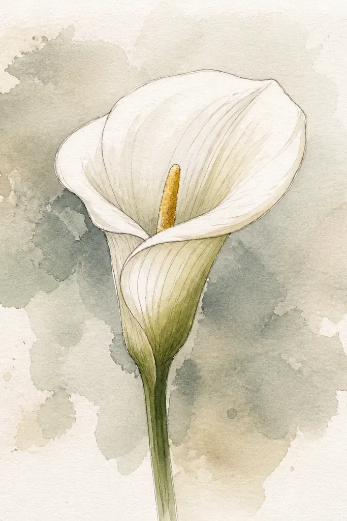 A calla lily with a pale watercolor wash on the spathe. The outline is pencil, and one faint pencil vein line runs down the spathe. The spadix is left mostly white with a light yellow tint, and the stem is a soft gray-green wash.