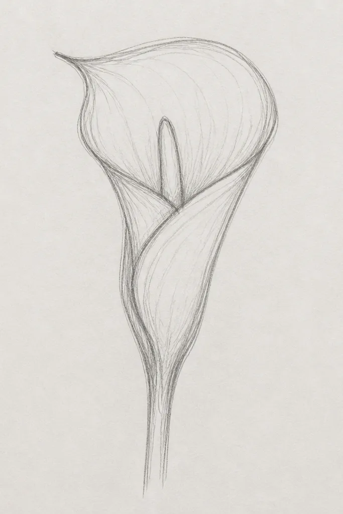 A partially open calla lily where the spathe is folded more tightly. The outer spathe looks like a closed curtain, with the spadix just peeking out. The stem is thicker near the base, and a small bud leaf sits behind.