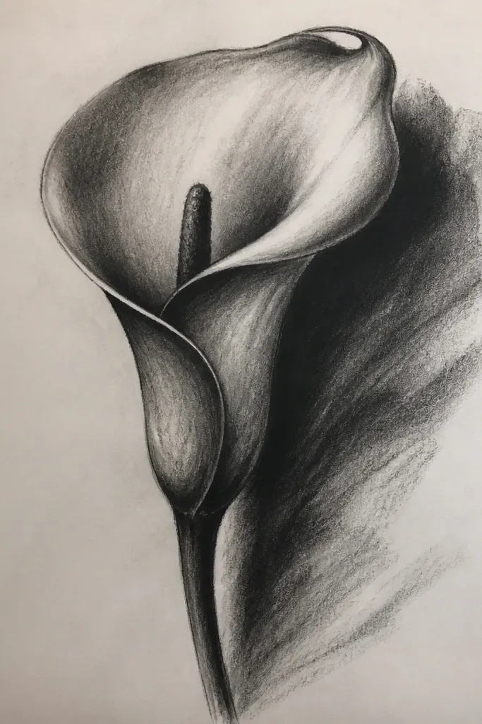 A calla lily outlined in pencil with a bold marker shadow under the fold. The spathe is mostly white with light gray shading, while the shadow area is a darker, clean marker shape. The spadix is outlined and filled with a light yellow marker tint.