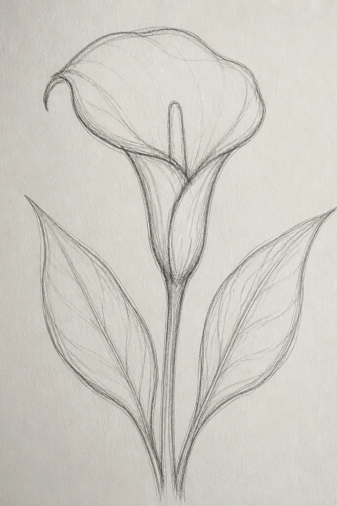 A calla lily centered with two leaves. One leaf tilts left with a visible center vein, the other tilts right and slightly behind. The spathe shading is light, with a small dark crease shadow. The stem is a single smooth line connecting everything.