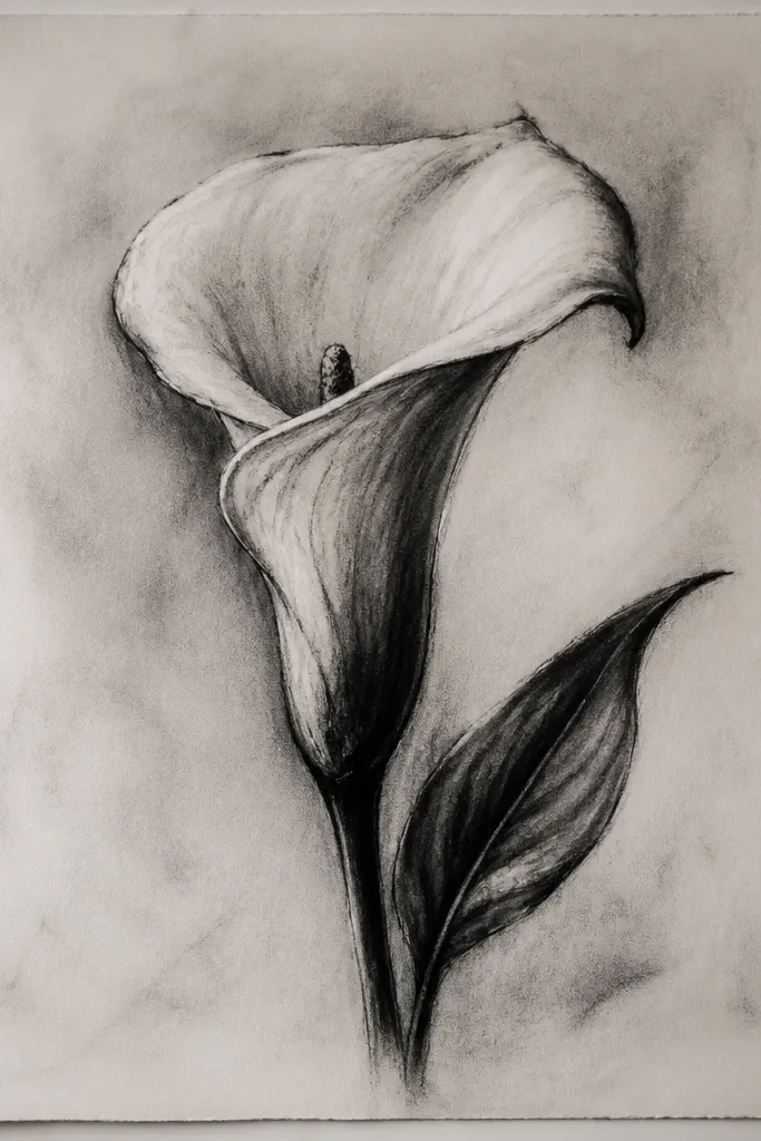 A minimalist calla lily in silhouette style. The spathe is filled with solid black or deep ink, with a thin white highlight line on the fold. The stem connects to a simple branching line that ends in two small leaves.