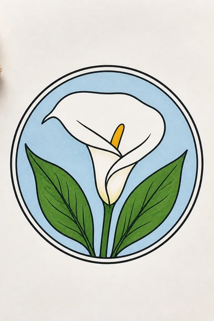 A calla lily drawn inside a thin circle. The spathe is centered, the spadix points slightly upward, and the stem curves to follow the circle's inner edge. Small dots and two tiny leaf marks sit around the flower within the circle.