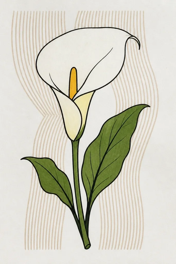 A calla lily in the center with a background of light diagonal pencil lines. The spathe has a soft fold shadow, and the spadix is lightly shaded. The background lines stop or fade behind the flower, making it stand out.
