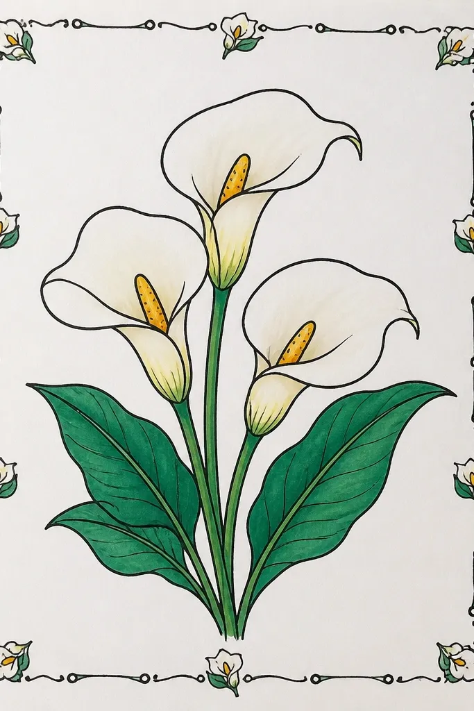 A page border made of repeating mini calla lily sketches. Each mini flower is simplified: a folded bean spathe, tiny spadix, and a short stem. The border alternates left and right tilt for variety, with small leaf marks between.