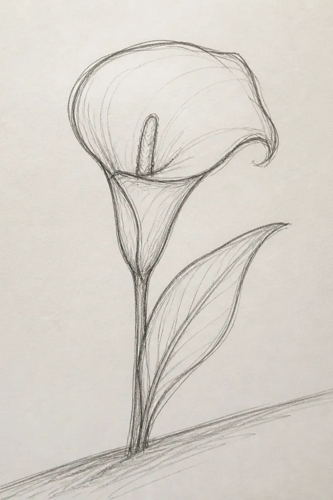 A calla lily sitting above a slanted ground line. The stem curves upward, and the spathe is shaded with a darker underside. A soft shadow sits on the ground line, and a small leaf rests near the base.