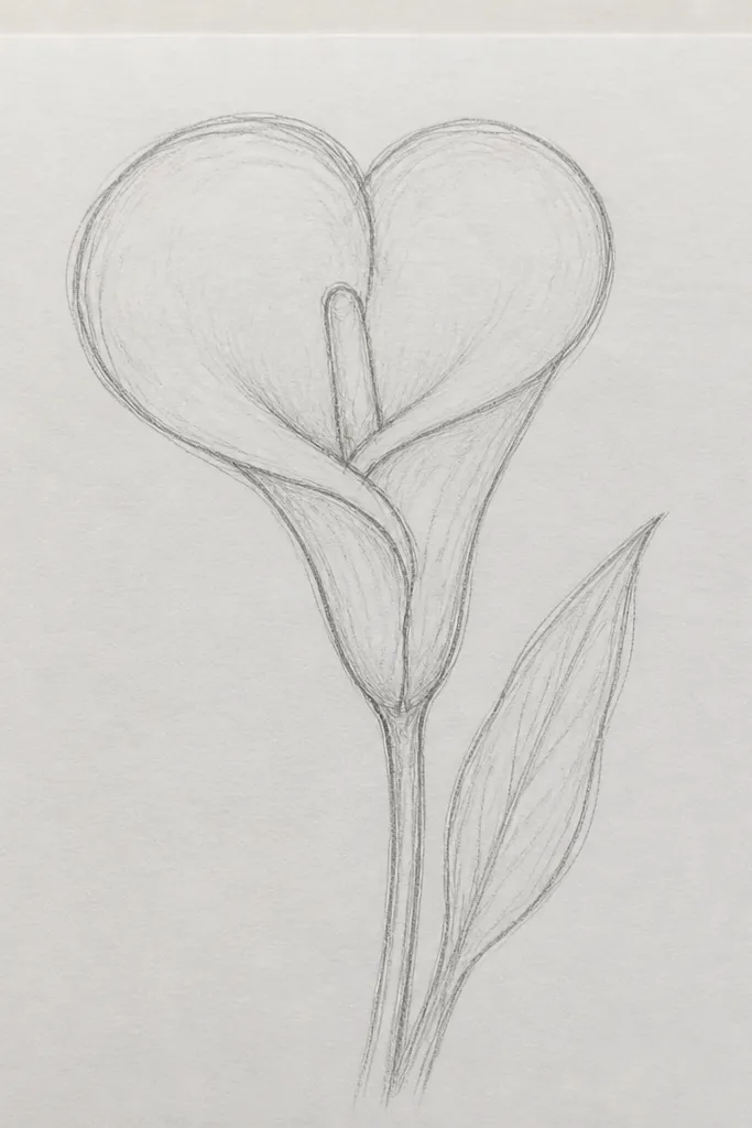 A calla lily where the fold crease forms a subtle heart-like shape inside the spathe. The spathe outline is smooth and pale, and the spadix is drawn as a thin spike. The crease shadow is shaped like the top of a heart, with a clean highlight on the outer edge.