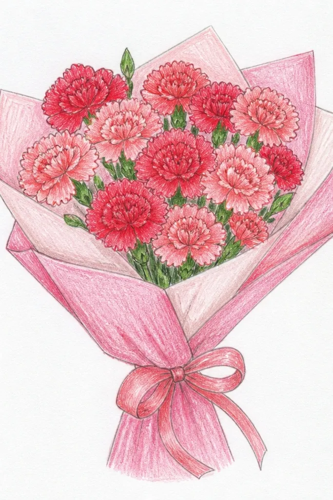 Pink carnations with darker rose creases in a loose hand-tied bouquet