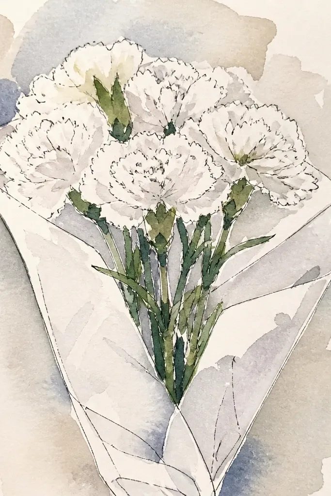White carnations with faint gray creases and pale green stems