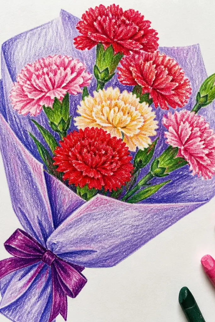 Lavender carnations with cool purple crease lines and small green leaves