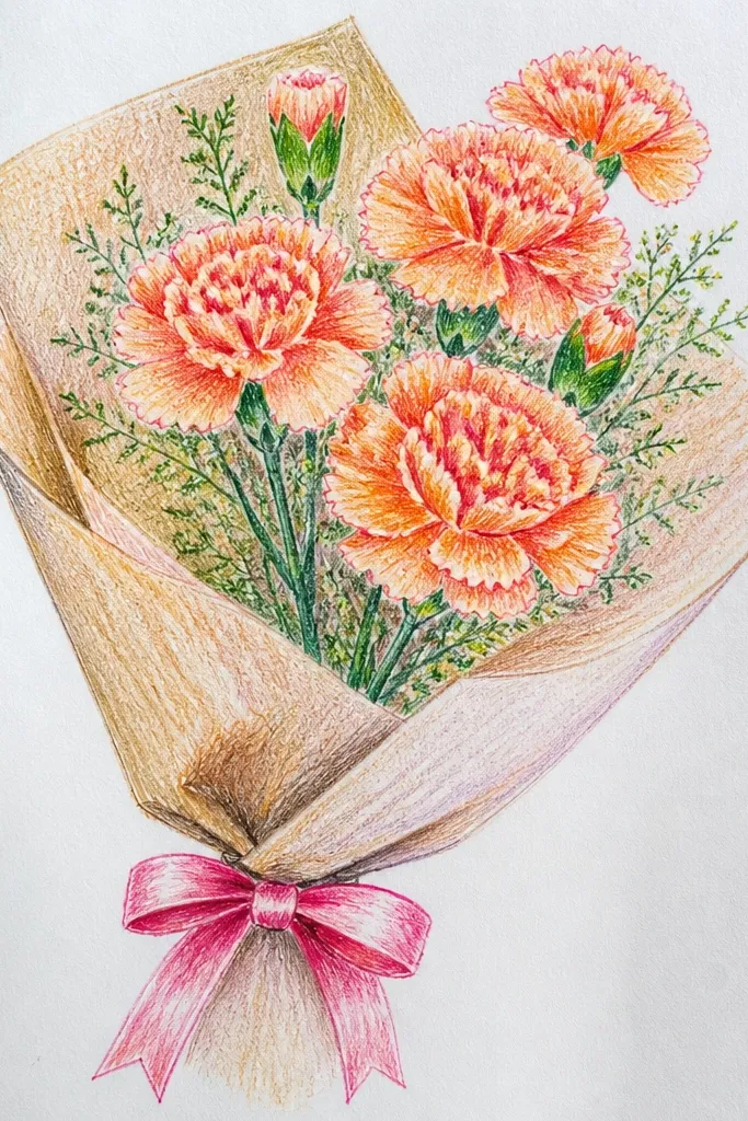 Peach carnations with lighter highlights and a simple ribbon bow at the base