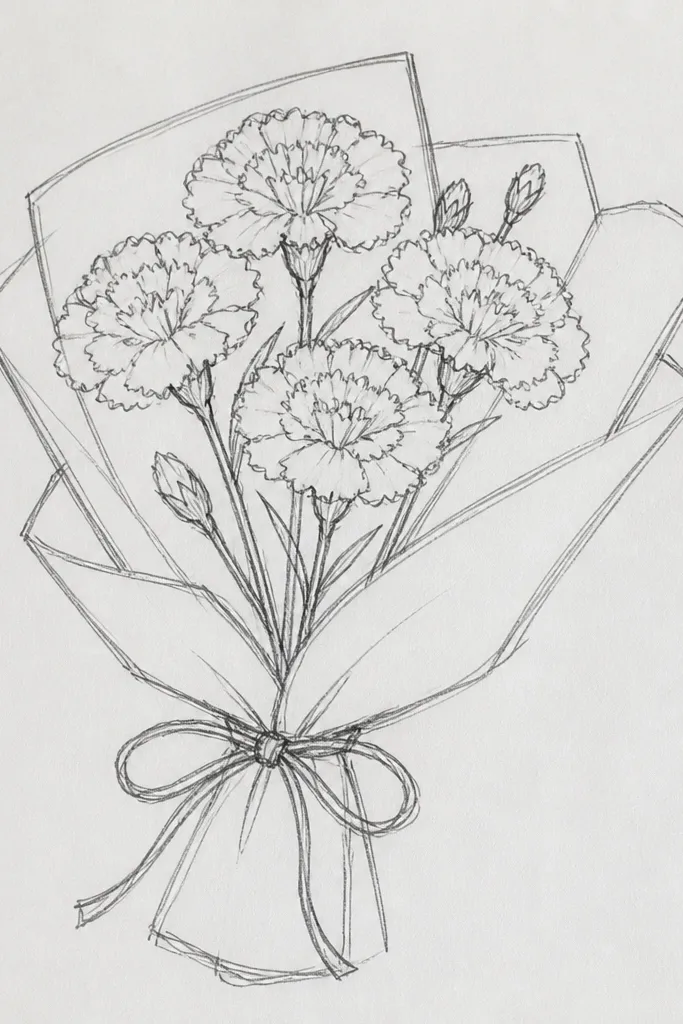 Black ink style carnation bouquet with bold petals and minimal shading