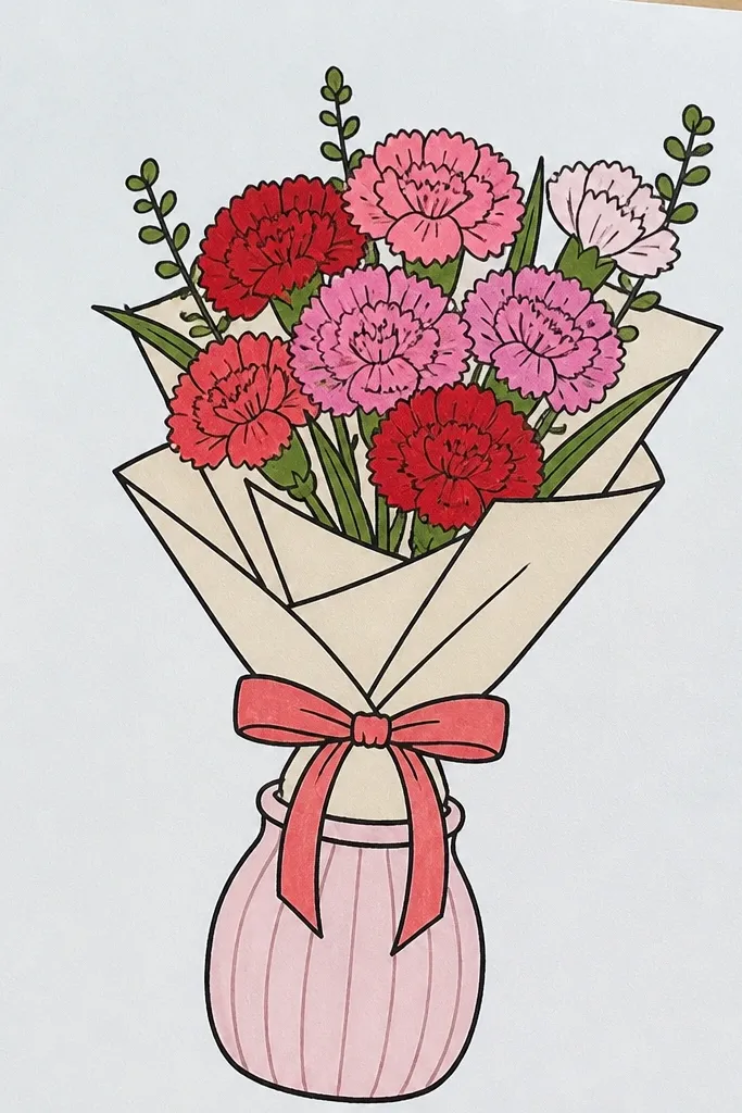 Rose pink carnations arranged in a simple vase with a clean rectangular frame