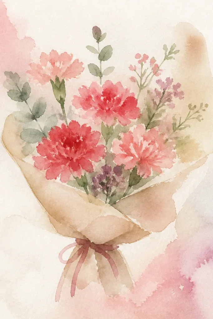 Pink carnations plus tiny sprigs and small buds in a soft cottage-style bouquet