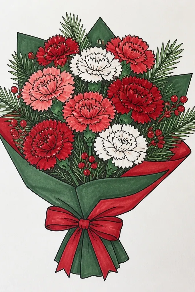 Red carnations with pine-like green sprigs and dark green leaf clusters