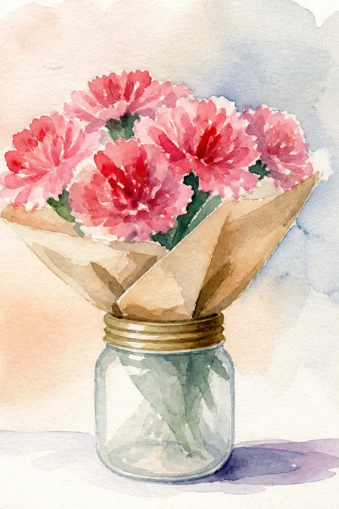 Carnations in a mason jar with a bold lid and clean line shading